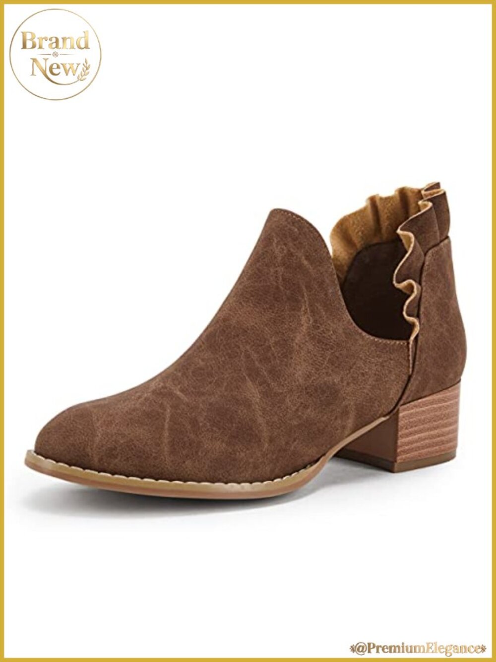 Faux Leather Ankle Boots Ruffled V Cut Out Pointed Toe Chunky Low Heel Western